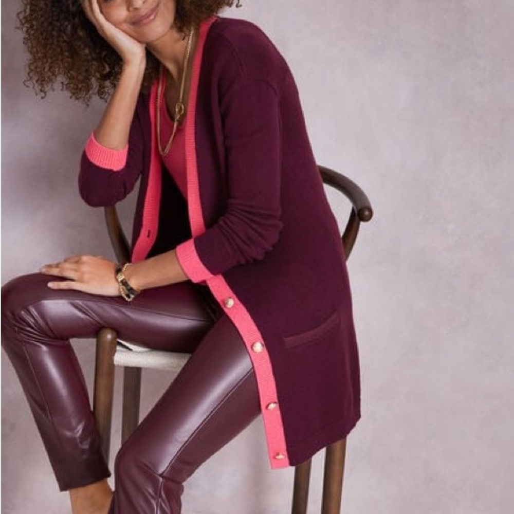 Talbots V-Neck Tipped Cotton Blend Cardigan in rich burgundy with pink tipping